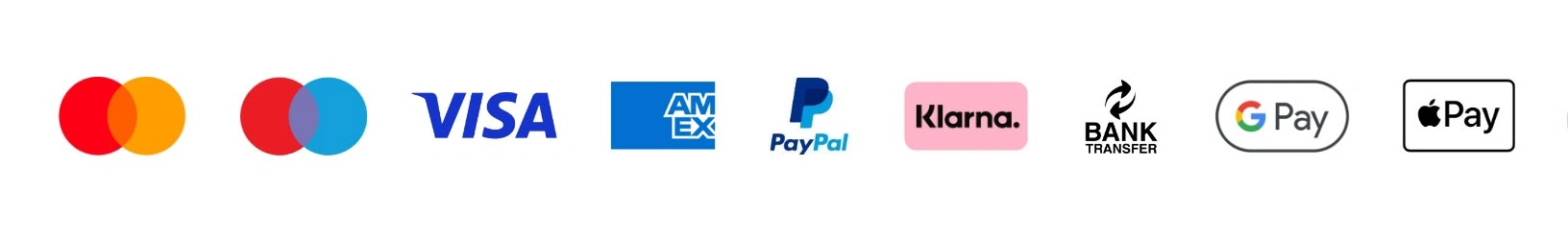 Accepted payment methods: Mastercard, Visa, American Express, PayPal, Klarna, Bank Transfer, Google Pay, Apple Pay
